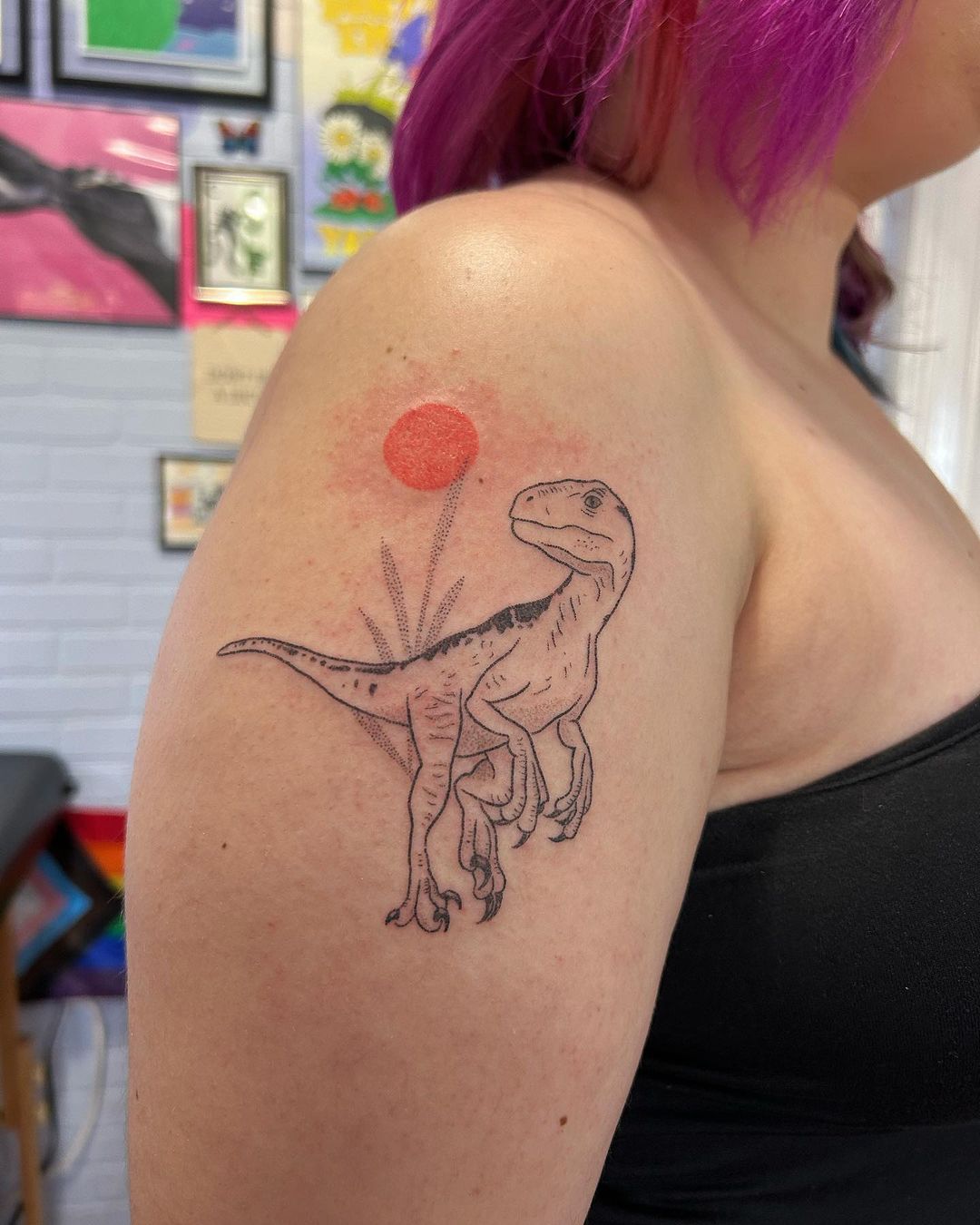 Velociraptor And Sunset Arm Tattoo
