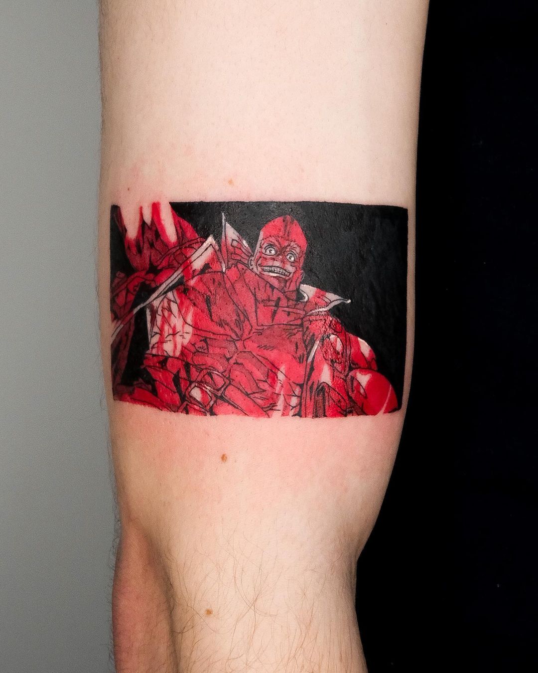 Vibrant Crimson Cyberpunk Tattoo