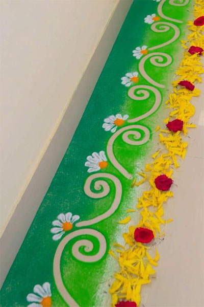 Colourful Rangoli Decoration For Saraswati Puja