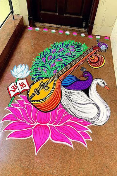 Peacock Themed Saraswati Pooja Decoration